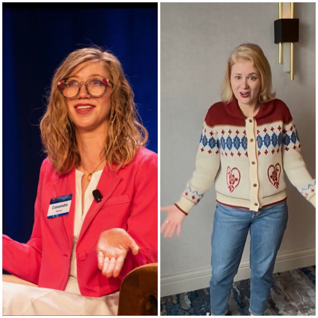Two photo collage of Cass (left) and Case (right). Both are smiling with their hands slightly raised in a casual, expressive gesture. On the left, Cass wears large glasses and a bright pink blazer while speaking onstage. Case wears a cream sweater with red and blue patterns and stands in a hotel conference room.
