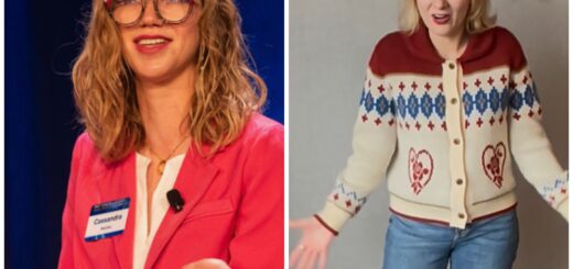 Two photo collage of Cass (left) and Case (right). Both are smiling with their hands slightly raised in a casual, expressive gesture. On the left, Cass wears large glasses and a bright pink blazer while speaking onstage. Case wears a cream sweater with red and blue patterns and stands in a hotel conference room.