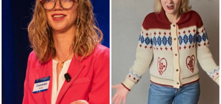 Two photo collage of Cass (left) and Case (right). Both are smiling with their hands slightly raised in a casual, expressive gesture. On the left, Cass wears large glasses and a bright pink blazer while speaking onstage. Case wears a cream sweater with red and blue patterns and stands in a hotel conference room.