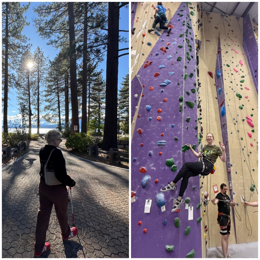 Side-by-side collage of Case (left) and Cass (right). Case (left) walks along a paved forest path using a white cane, sunlight filtering through tall pine trees with a lake ahead. Cass (right) rock climbs indoors on a tall purple wall, smiling mid-climb while secured in a harness