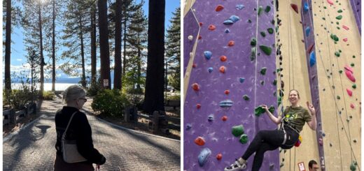 Side-by-side collage of Case (left) and Cass (right). Case (left) walks along a paved forest path using a white cane, sunlight filtering through tall pine trees with a lake ahead. Cass (right) rock climbs indoors on a tall purple wall, smiling mid-climb while secured in a harness