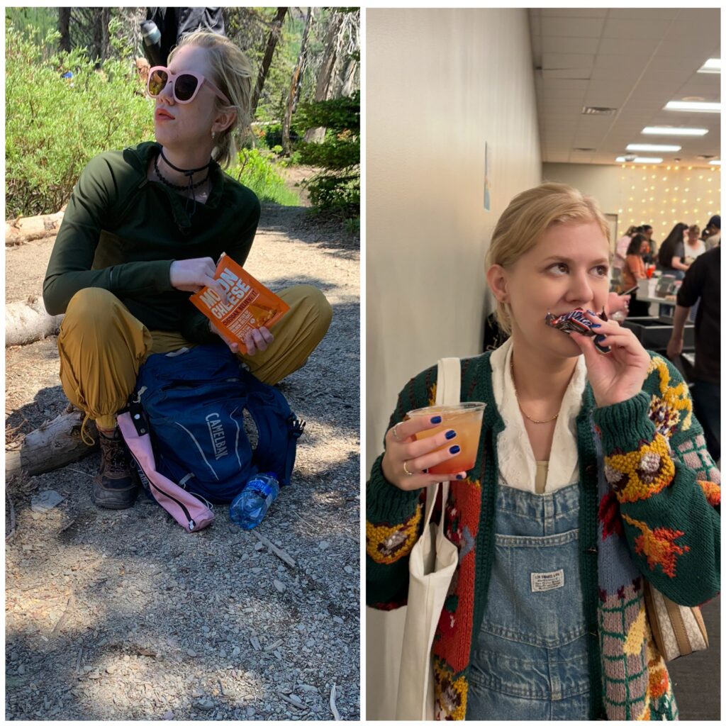 Side-by-side collage of Cass (left) and Case (right): Cass sits on a trail with a backpack holding a cheese snack, Case holds a drink and eats a chocolate bar indoors.