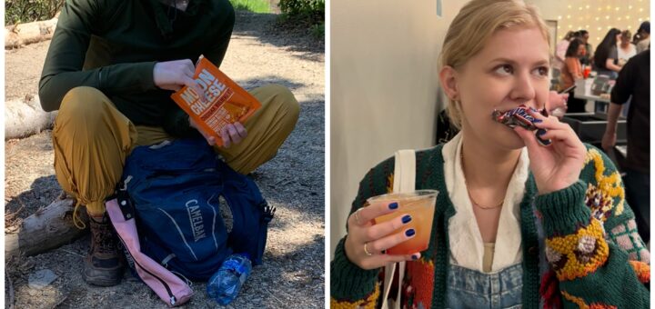 Side-by-side collage of Cass (left) and Case (right): Cass sits on a trail with a backpack holding a cheese snack, Case holds a drink and eats a chocolate bar indoors.