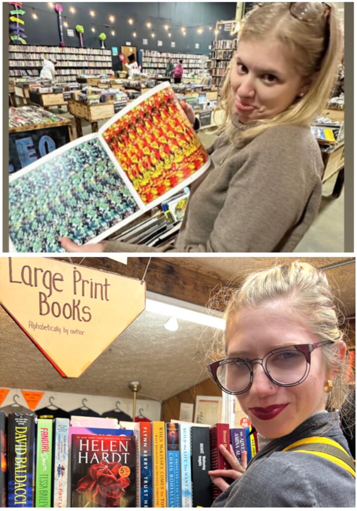 Collage of Case (top) and Cass (bottom) in a bookstore. Case holds a open a brightly colored "Magic Eye" book and pouts playfully. Cass smirks in mock-seduction by a display of large print books
