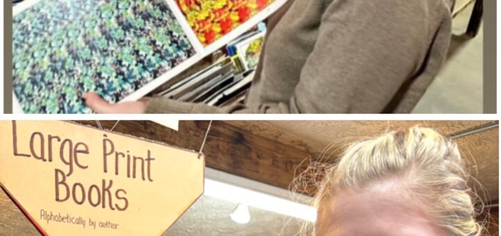 Collage of Case (top) and Cass (bottom) in a bookstore. Case holds a open a brightly colored "Magic Eye" book and pouts playfully. Cass smirks in mock-seduction by a display of large print books