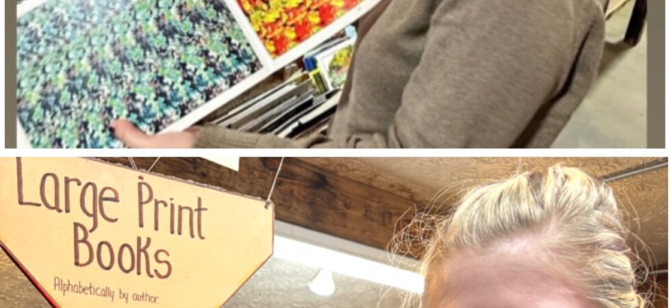 Collage of Case (top) and Cass (bottom) in a bookstore. Case holds a open a brightly colored "Magic Eye" book and pouts playfully. Cass smirks in mock-seduction by a display of large print books