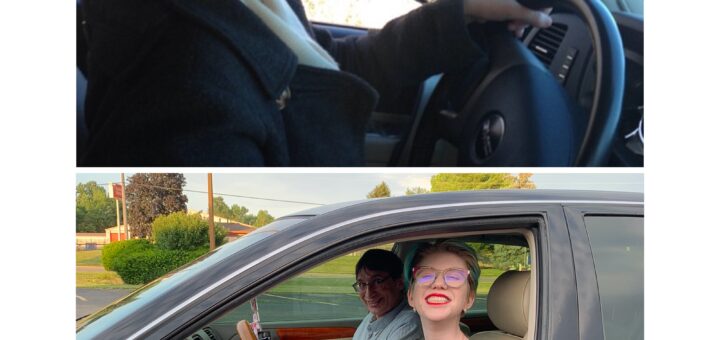 Two-photo collage of case (top) and cass (bottom): case wears sunglasses and drives a car in profile view. cass sits in her car with her dad in the passenger seat as she smiles at the camera and holds the steering wheel