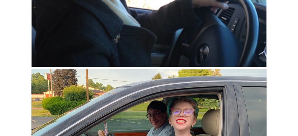 Two-photo collage of case (top) and cass (bottom): case wears sunglasses and drives a car in profile view. cass sits in her car with her dad in the passenger seat as she smiles at the camera and holds the steering wheel