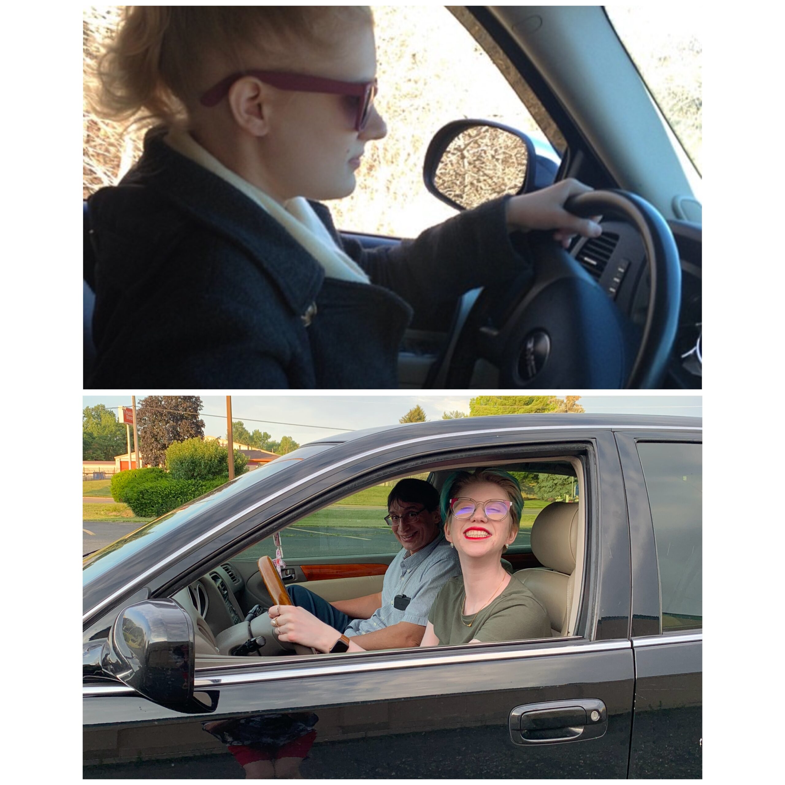 Two-photo collage of case (top) and cass (bottom): case wears sunglasses and drives a car in profile view. cass sits in her car with her dad in the passenger seat as she smiles at the camera and holds the steering wheel