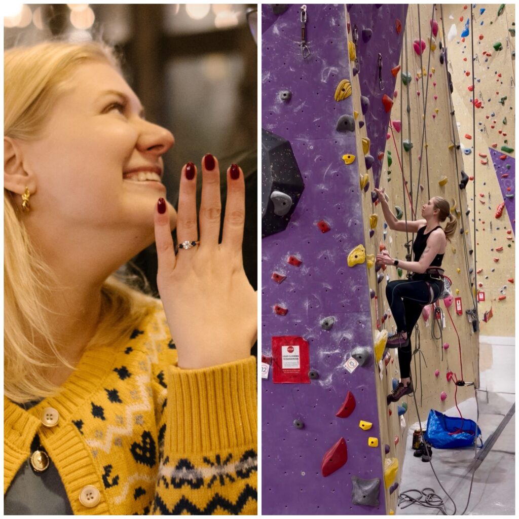 A side-by-side collage with Case (left) and Cass (right). Case smiles while showing off a dark red manicure and a ring, wearing a yellow patterned cardigan and gold earrings in a warmly lit restaurant. On the right, Cass rock climbs indoors on a tall wall covered in colorful climbing holds while wearing a harness and athletic clothes.