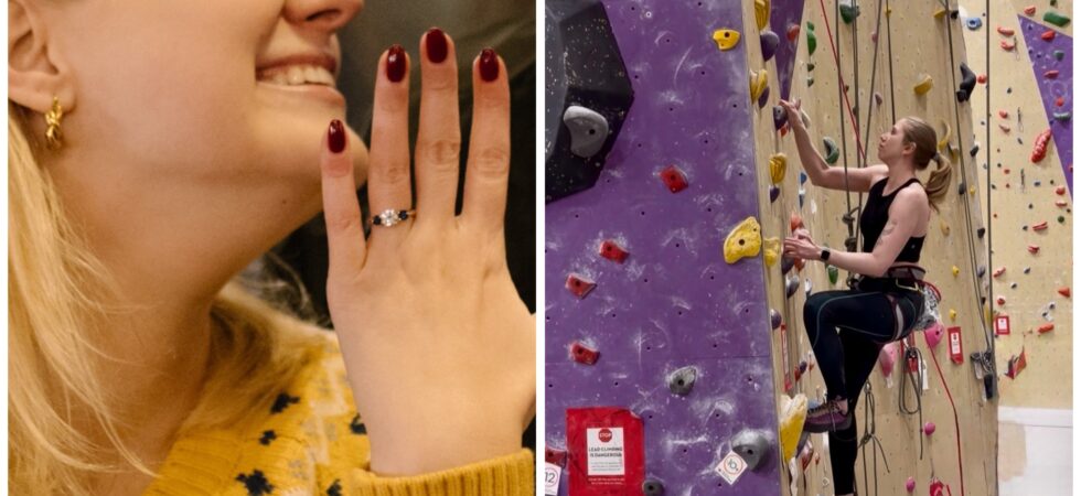 A side-by-side collage with Case (left) and Cass (right). Case smiles while showing off a dark red manicure and a ring, wearing a yellow patterned cardigan and gold earrings in a warmly lit restaurant. On the right, Cass rock climbs indoors on a tall wall covered in colorful climbing holds while wearing a harness and athletic clothes.