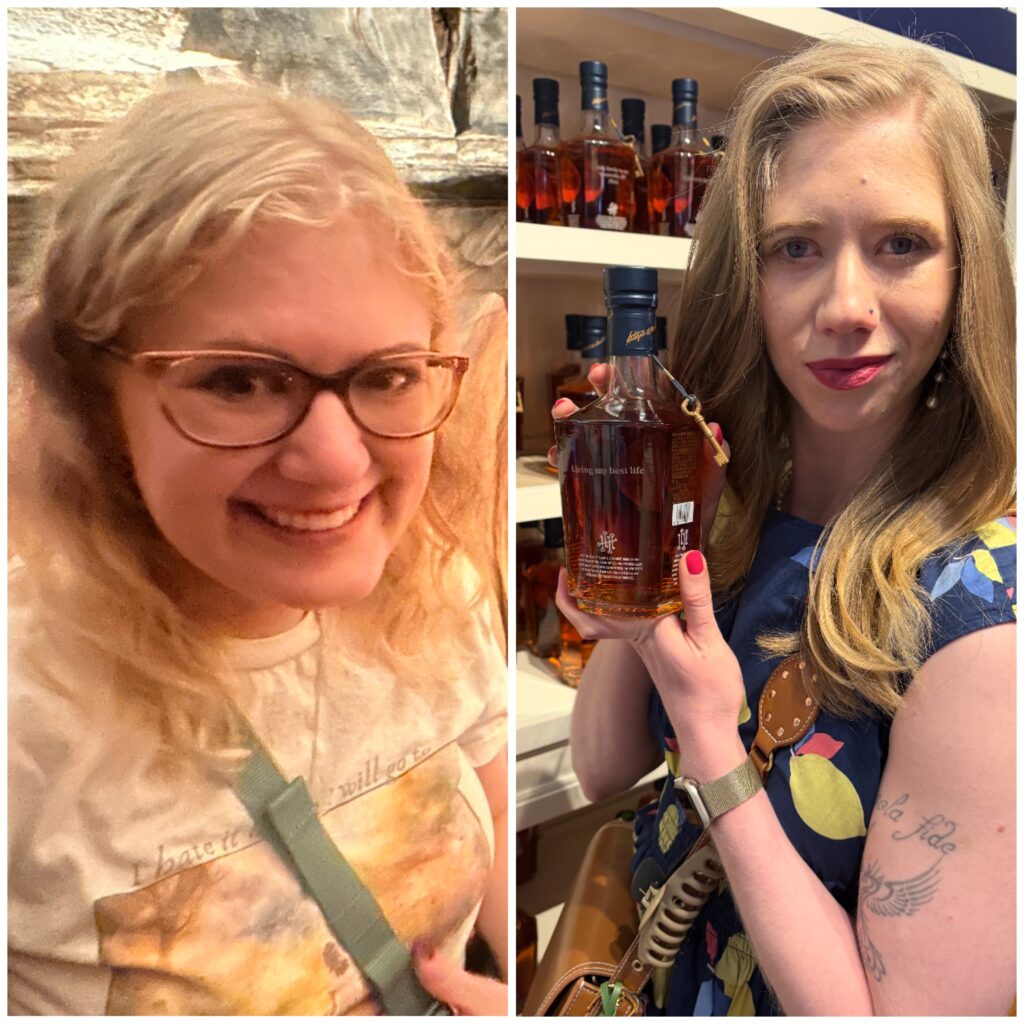 A side-by-side collage of Case and Cass. On the left, Case smiles while wearing cat-eye style bifocal glasses. On the right, Cass poses in front of shelves lined with amber liquor bottles, holding one up toward the camera that reads “Living my best life”