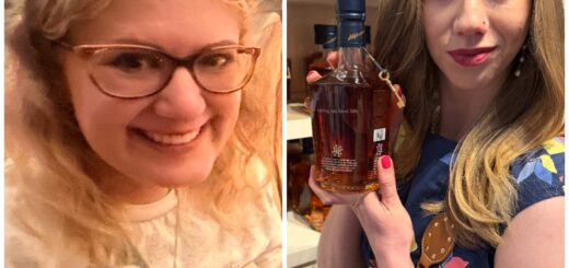 A side-by-side collage of Case and Cass. On the left, Case smiles while wearing cat-eye style bifocal glasses. On the right, Cass poses in front of shelves lined with amber liquor bottles, holding one up toward the camera that reads “Living my best life”