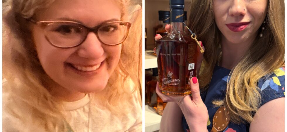 A side-by-side collage of Case and Cass. On the left, Case smiles while wearing cat-eye style bifocal glasses. On the right, Cass poses in front of shelves lined with amber liquor bottles, holding one up toward the camera that reads “Living my best life”