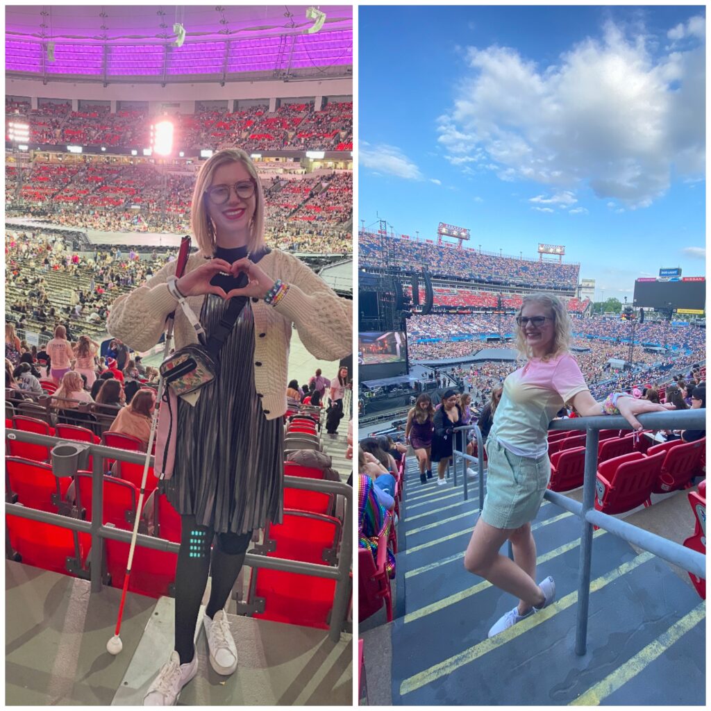 Two photo collage of Cass (left) and Case (right) at Taylor Swift's Eras Tour. Cass smiles while making a heart with her hands in a crowded stadium, and Case smiles while posing near the aisle with the concert stage and audience behind her.