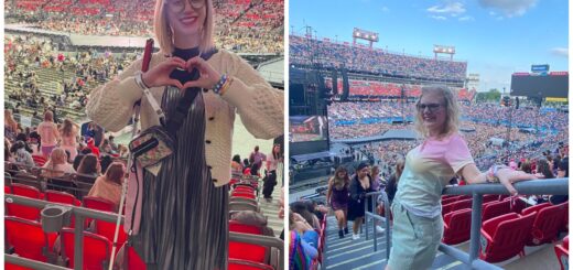 Two photo collage of Cass (left) and Case (right) at Taylor Swift's Eras Tour. Cass smiles while making a heart with her hands in a crowded stadium, and Case smiles while posing near the aisle with the concert stage and audience behind her.