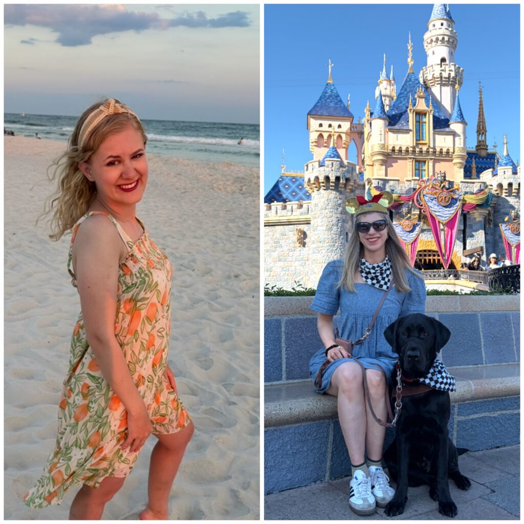 A two photo collage of Case(left) and Cass (right). On the left, Case smiles at the camera while standing on a sandy beach with the ocean behind her. On the right, Cass sits in front of Sleeping Beauty Castle at Disneyland with her black guide dog, both wearing matching black-and-white checkered accessories.