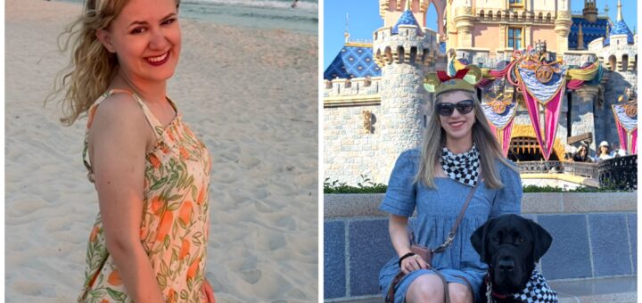 A two photo collage of Case(left) and Cass (right). On the left, Case smiles at the camera while standing on a sandy beach with the ocean behind her. On the right, Cass sits in front of Sleeping Beauty Castle at Disneyland with her black guide dog, both wearing matching black-and-white checkered accessories.