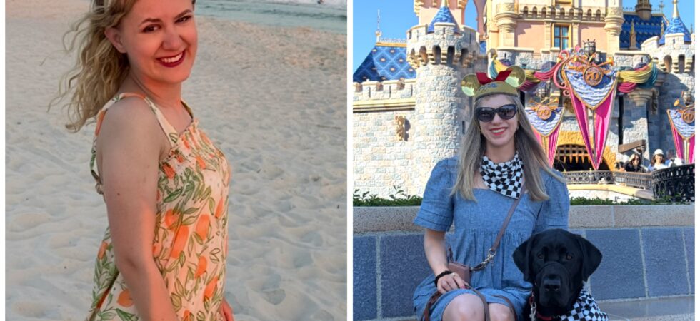 A two photo collage of Case(left) and Cass (right). On the left, Case smiles at the camera while standing on a sandy beach with the ocean behind her. On the right, Cass sits in front of Sleeping Beauty Castle at Disneyland with her black guide dog, both wearing matching black-and-white checkered accessories.