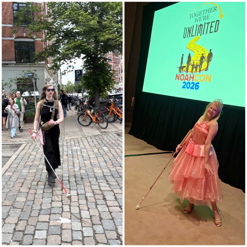 Two photo collage of Cass (left) and Case (right) using their canes. Cass walks down a cobblestone street using her white No-Jab cane with a red grip. Case poses in a pink dress at NoahCon 2026, showing off her new pink, bedazzled cane.