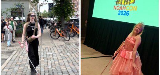 Two photo collage of Cass (left) and Case (right) using their canes. Cass walks down a cobblestone street using her white No-Jab cane with a red grip. Case poses in a pink dress at NoahCon 2026, showing off her new pink, bedazzled cane.