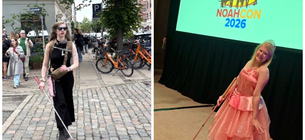 Two photo collage of Cass (left) and Case (right) using their canes. Cass walks down a cobblestone street using her white No-Jab cane with a red grip. Case poses in a pink dress at NoahCon 2026, showing off her new pink, bedazzled cane.